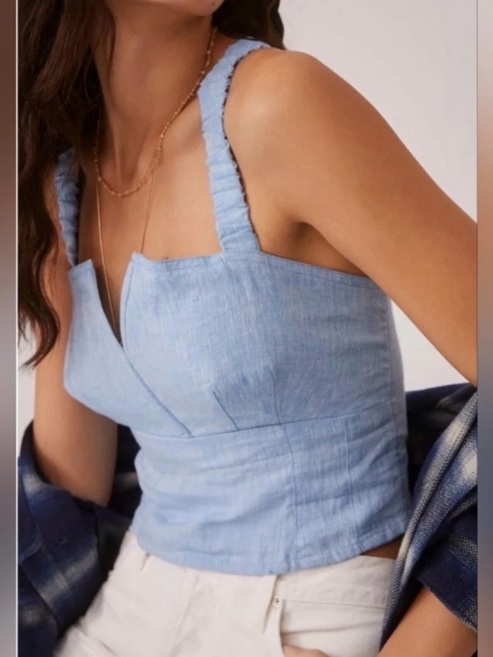 Anthropologie Chambray Blue Linen Crisscross Corset Cropped Top